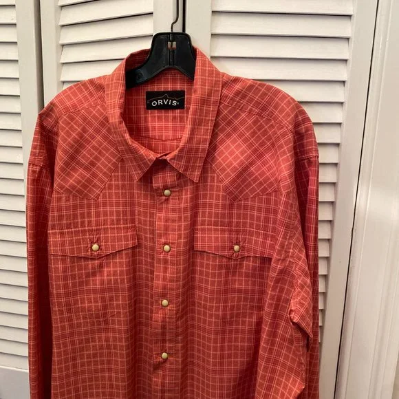 ORVIS men orange gingham style snap button shirt, XXL - Picture 12 of 13